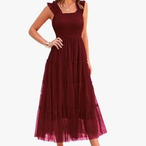 PRETTYGARDEN Women's Summer Midi Tulle Dress Sleeveless Smocked Square Neck Ruff